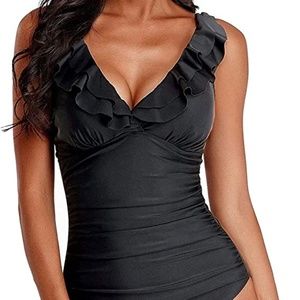 Black Ruffle One-Piece Swim